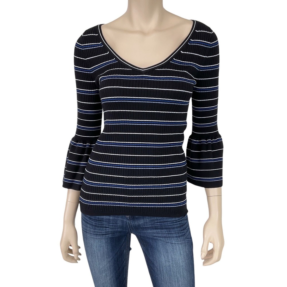 White House Black Market Sweater XS Striped V Neck Bell Sleeve Black Multi NWOT